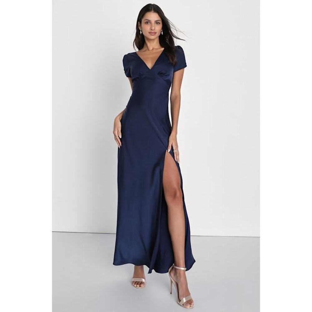 Lulus Epitome Of Romance Navy Blue Satin Puff Sleeve Maxi Dress - Size 2X